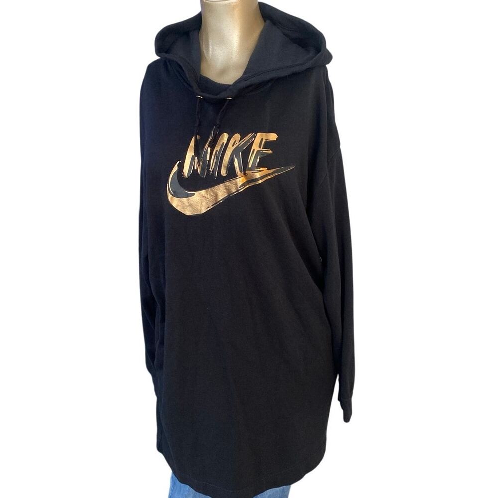 Nike Metallic Gold Logo Hoodie Dress Womens Size Large Black Pullover Sweatshirt